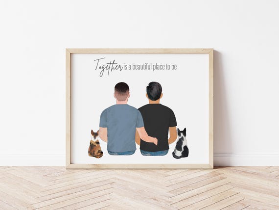 Together Is My Favorite Personalized Gay Couple Portrait with Pets, Digital Download