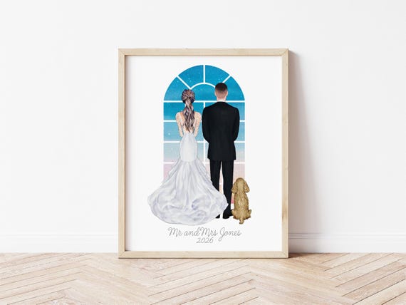 Bride and Groom Personalized Wedding Portrait with Pets (Digital Download)