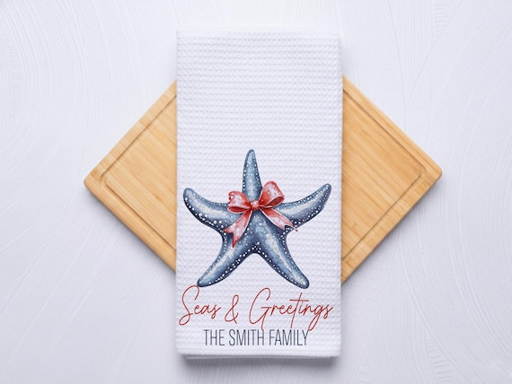 Seas and Greetings Coastal Christmas Starfish Hand Towel for Nautical Kitchen & Bathroom