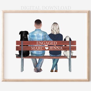 Retrato personalizado de pareja en un banco con mascotas, ilustración digital personalizada, regalo de San Valentín, aniversario, boda o compromiso.