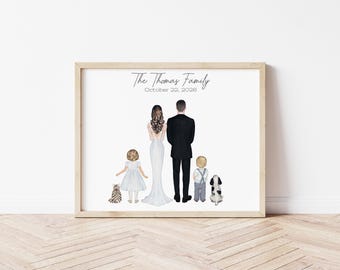 Wedding Family Portrait with Children and Pets, Custom Illustration for Bride and Groom