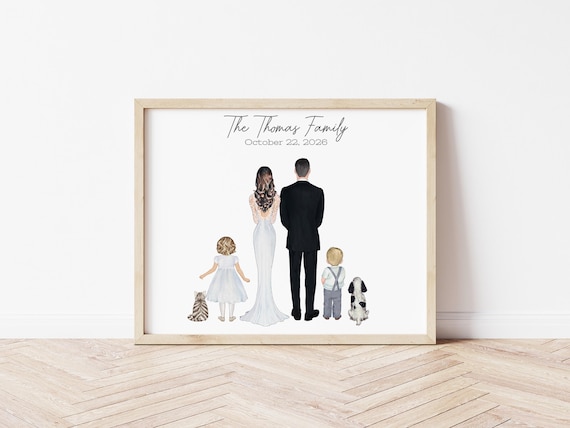 Wedding Family Portrait with Children and Pets, Custom Illustration for Bride and Groom