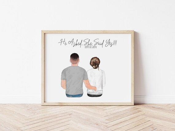 He Asked She Said Yes Personalized Couples and Pets Portrait, Digital Download