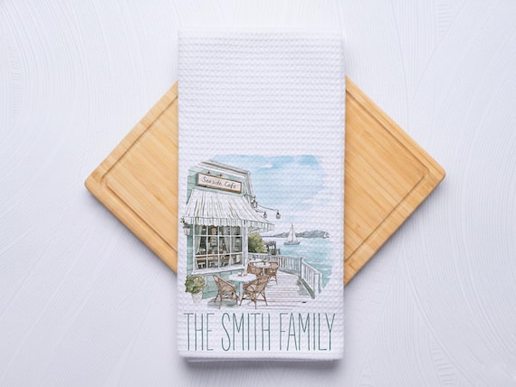 Seaside Cafe Towel for Kitchen and Bathrooms, Coastal Hostess Gift