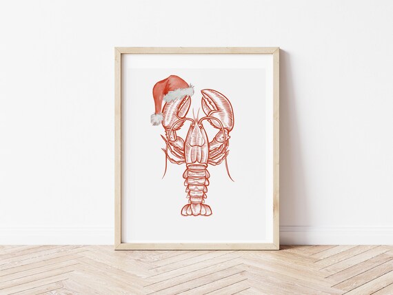 Lobster Santa Hat Coastal Art Print: Holiday Wall Decor (Digital Download)