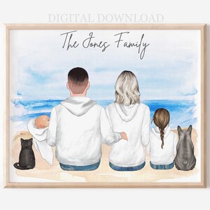 Gepersonaliseerd familieportret: strandtafereel met hoodies (digitale download)