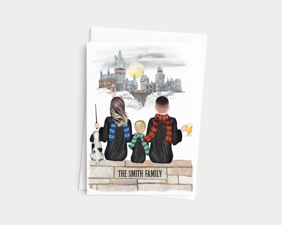 Wizard Family Printed Greeting Card • Custom Couple and Pets Portrait • Personalized Illustration