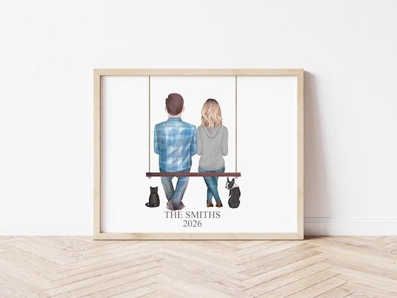 Personalized Couples Portrait with Pets on Swing, Custom Anniversary Gift (Digital Download)