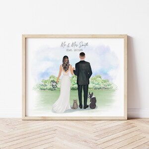 Retrato de los novios el día de su boda con sus mascotas, descarga digital.