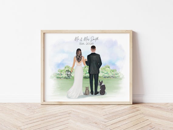 Bride and Groom Wedding Day Portrait with Pets, Digital Download