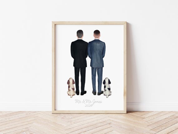 Grooms To Be - Personalized Portrait - Custom Grooms with Pets - Digital Download