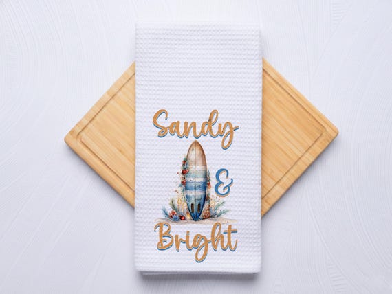 Coastal Christmas Hand Towels • For Kitchen or Bathroom • Sandy & Bright Sufboard Decor •