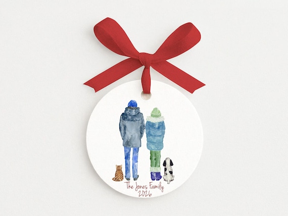 Couples Portrait Ornament With Pets, Personalized Our First Christmas or Anniversary