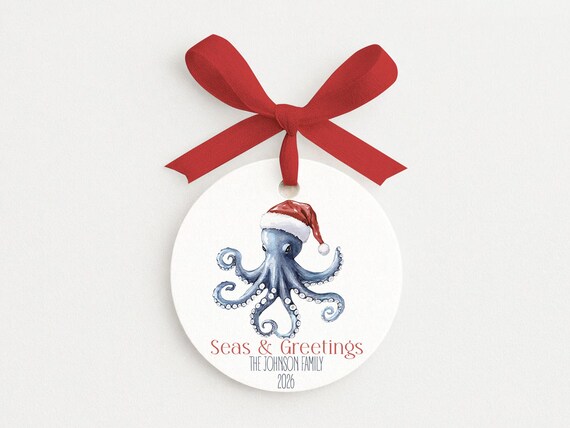 Christmas Octopus Personalized Family Ornament • Nautical • Beach Theme • Seas & Greetings