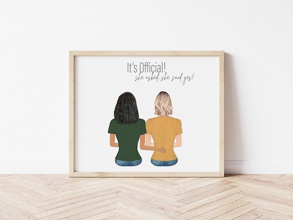 It's Official Lesbian Engagement Gift: Personalized Portrait Art (Digital Download)