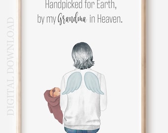 Personalized Portrait Gift, Handpicked for Earth By My Grandma in Heaven Illustration, Grandmother Baby Digital, Grandparent Memorial