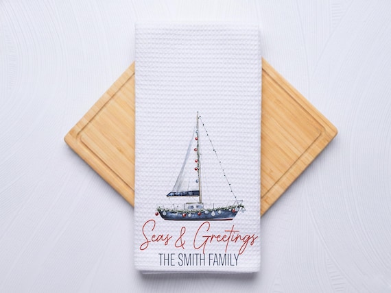 Seas and Greetings Coastal Christmas Sailboat Hand Towel for Nautical Kitchen & Bathroom