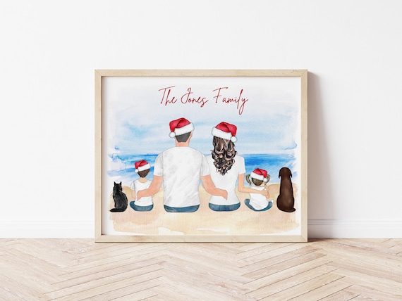 Custom Christmas Family Portrait on Beach With Pets (Digital Download)