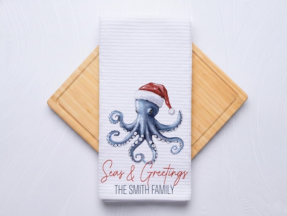 Seas and Greetings Coastal Christmas Octopus Hand Towel for Nautical Kitchen & Bathroom