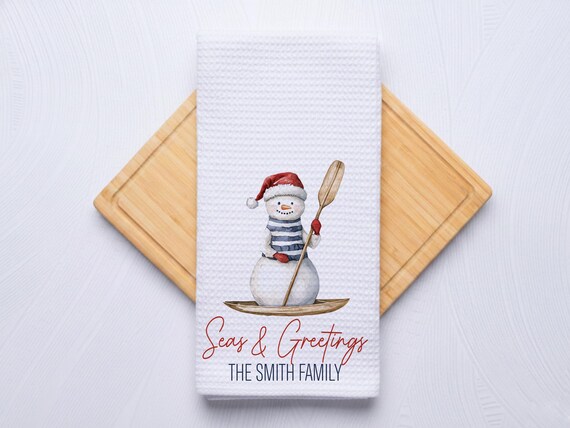Seas and Greetings Coastal Christmas Snowman Hand Towel for Nautical Kitchen & Bathroom