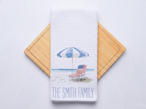 Stars and Stripes Beach Scene Towel for Kitchen and Bathrooms, Coastal Hostess Gift