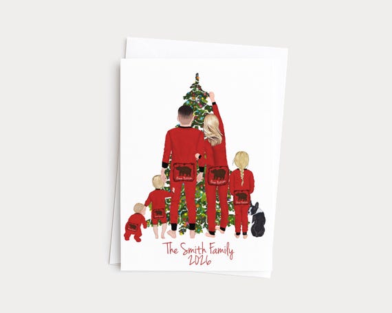 Striped Pajamas Family Portrait Christmas Greeting Card with Pets