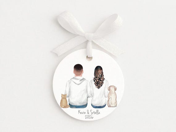 Personalized Christmas Ornament • Family and Pets Portrait • Engagement Party