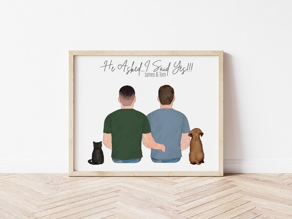 He Asked I Said Yes Personalized Gay Couple Portrait with Pets, Digital Download