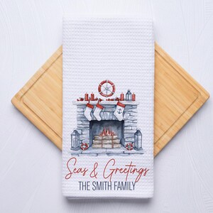 Seas and Greetings Coastal Christmas Fireplace Hand Towel for Nautical Kitchen & Bathroom