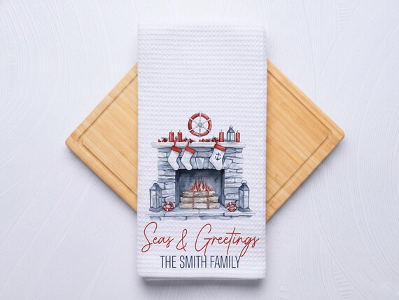 Seas and Greetings Coastal Christmas Fireplace Hand Towel for Nautical Kitchen & Bathroom