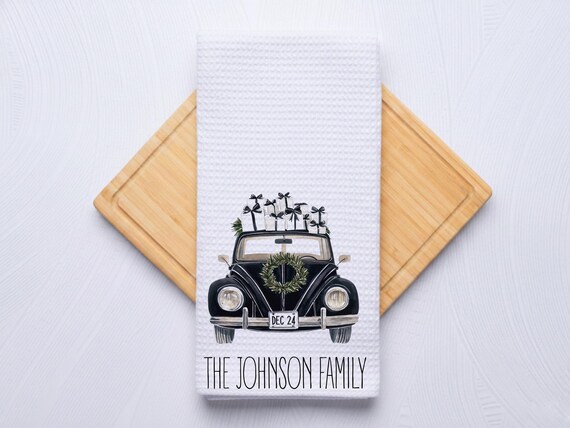 Vintage Car Garland Personalized Black Christmas Hand Towel for Kitchen and Bath