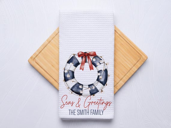 Seas and Greetings Coastal Christmas Life Preserver Hand Towel for Nautical Kitchen & Bathroom