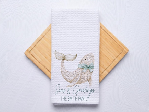 Christmas Whale Coastal Hand Towel for Nautical Kitchen & Bathroom