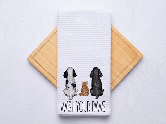 Wash Your Paws Gift Custom Pet Portrait Waffle Weave Kitchen Towel