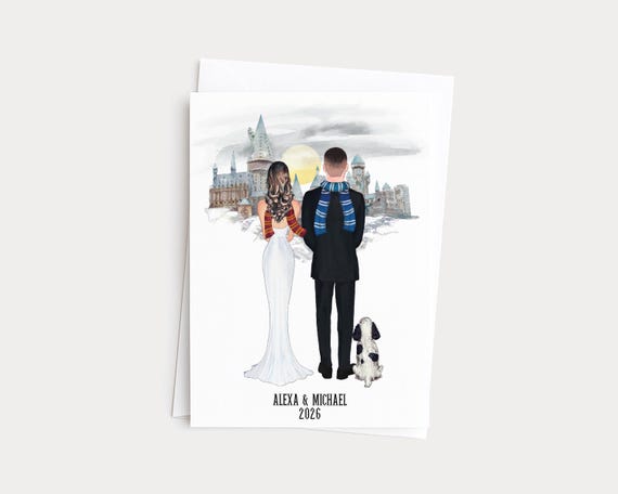 Wizard Couple Printed Greeting Card With Bride, Groom & Pets