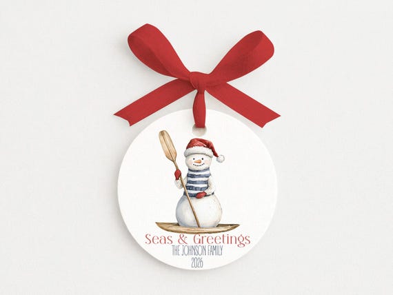 Christmas Snowman Personalized Family Ornament • Nautical • Beach Theme • Seas & Greetings