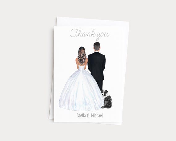 Bride and Groom Send Thank You Greeting Card Portrait with Pets