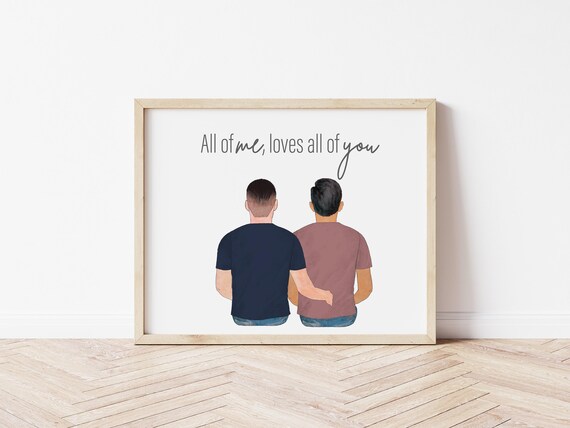 All of Me Personalized Gay Couple Portrait with Pets, Digital Download