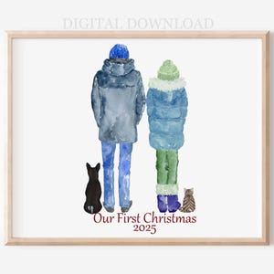 Personalized Winter Family Portrait Gift, Digital Download, Printable Wall Art, Christmas Decor, Our First Christmas, Newlyweds, Anniversary
