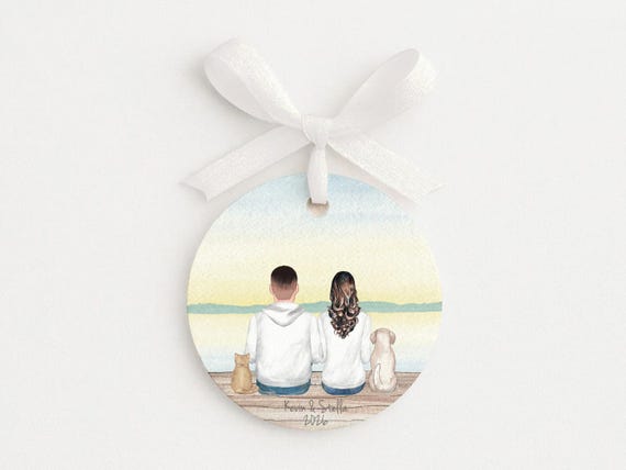 Personalized Christmas Ornament • Couple With Pets • Dog Portrait • Lake House Decor
