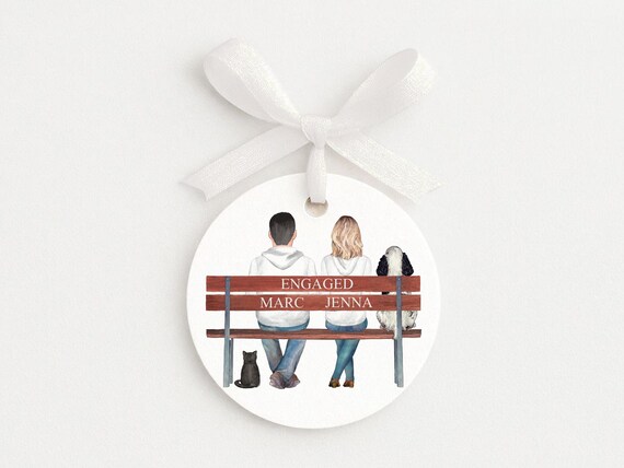 Couple on Bench Portrait Ornament With Pets, Personalized Anniversary Gift