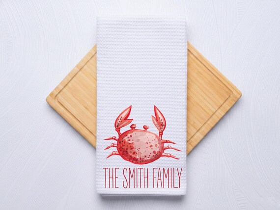 Watercolor Crab Hand Towel for Kitchen and Bath, Personalized Coastal Beach Home Decor