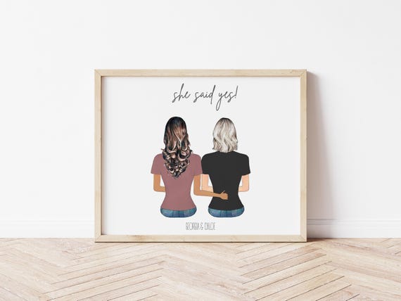 She Said Yes Personalized Lesbian Engagement Gift: Custom Couple Digital Download Portrait with Pets