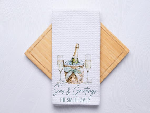 Seas and Greetings Coastal Christmas Wine and Drinks Hand Towel for Nautical Kitchen & Bathroom