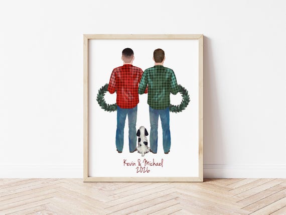Personalized Mr and Mr Christmas Portrait with Pet (Digital Download)
