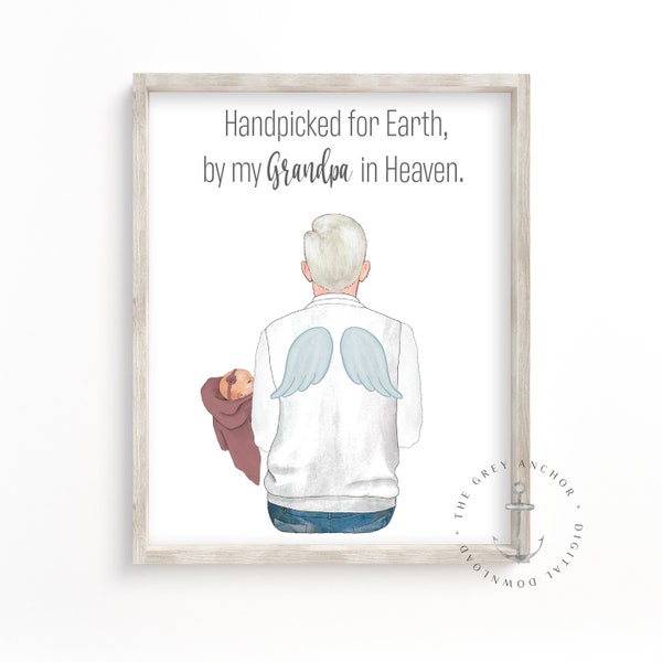 Personalized Portrait Gift, Handpicked for Earth By My Grandpa in Heaven Custom Illustration, Digital Download Gift for New Baby