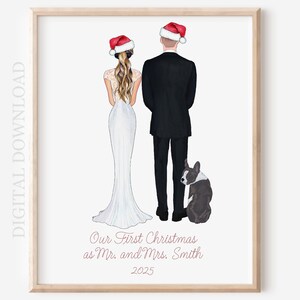 Bride & Groom Personalized Wedding Portrait, Our First Christmas as Mr and Mrs, Printable Digital Download Married Couple and Pet, Wedding