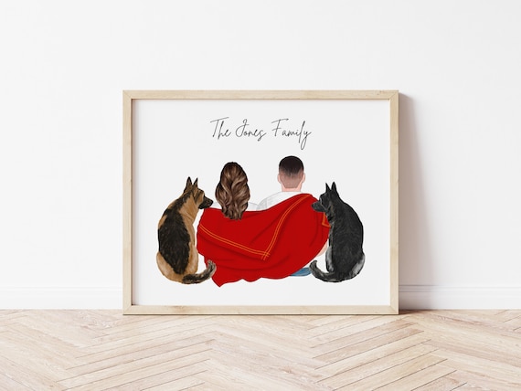Personalized Couple & Pets Portrait – Anniversary Gift (Digital Download)