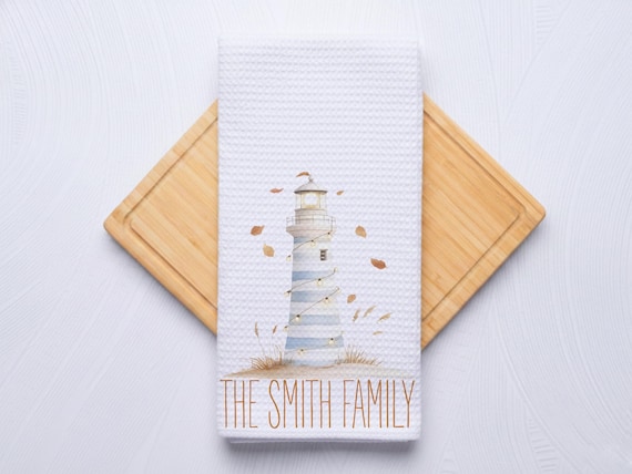 Fall Lighthouse Personalized Coastal Hand Towel for Kitchen and Bathroom