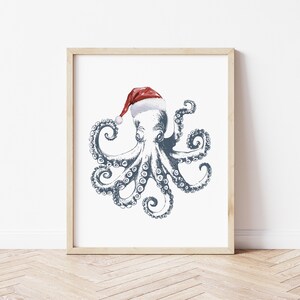 Decoración de pared navideña costera con pulpo de Papá Noel • Con gorro de Papá Noel • Decoración náutica • Hogar de playa para las fiestas